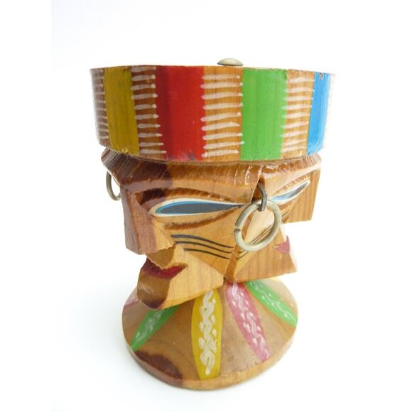 Vintage Carved Wood Tiki Candle Holder Stand 5" tall - Picture 4 of 5